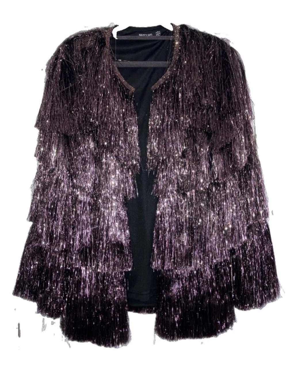 Nastygal Metallic 6 Open Front Tiered Tinsel Fringe Jacket Pewter Black Metallic